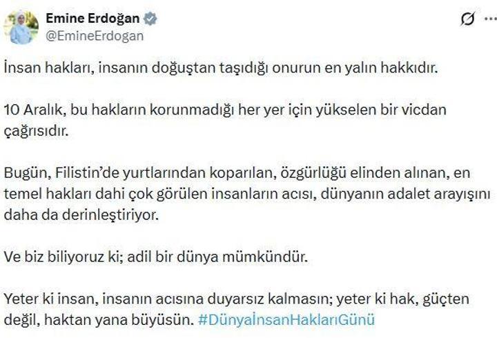 Emine Erdoğan'dan, 'Dünya İnsan Hakları Günü' paylaşımı