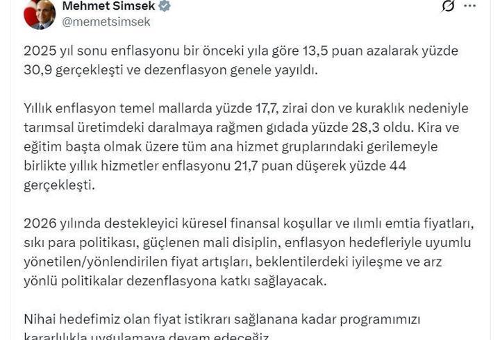 Bakan Şimşek: Dezenflasyon genele yayıldı
