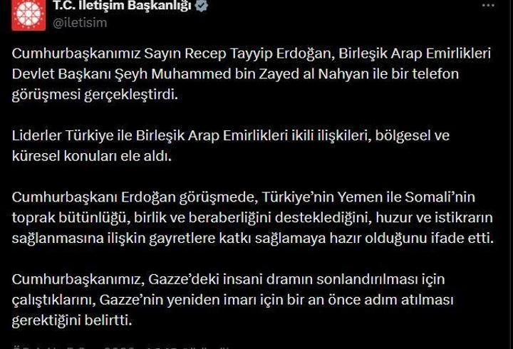 Cumhurbaşkanı Erdoğan, BAE Devlet Başkanı al Nahyan ile görüştü