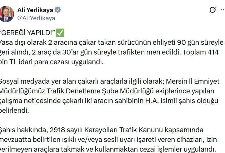 Mersin'de yasa dışı çakar kullanan sürücüye 414 bin TL ceza