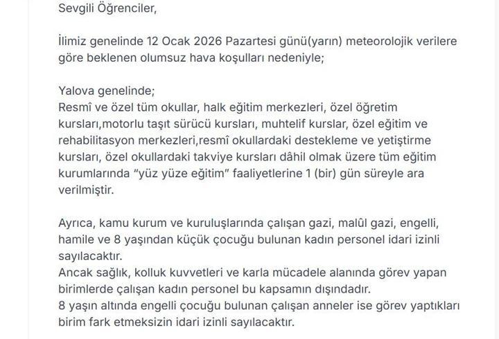 Yalova’da eğitime 1 gün ara verildi