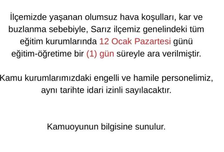Kayseri’de 2 ilçede okullar tatil edildi