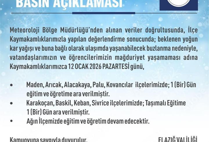 Elazığ’da eğitime kar engeli