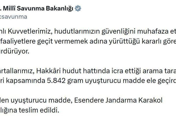 MSB: Hakkari'de 5 kilo 842 gram uyuşturucu ele geçirildi