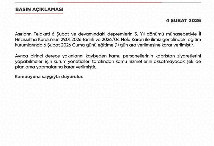 Hatay’da 6 Şubat’ta eğitime bir gün ara