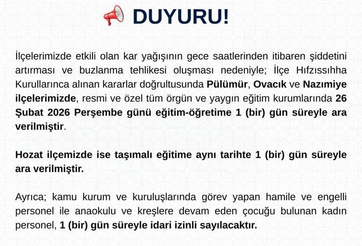 Tunceli'de 4 ilçede eğitime 'kar' engeli