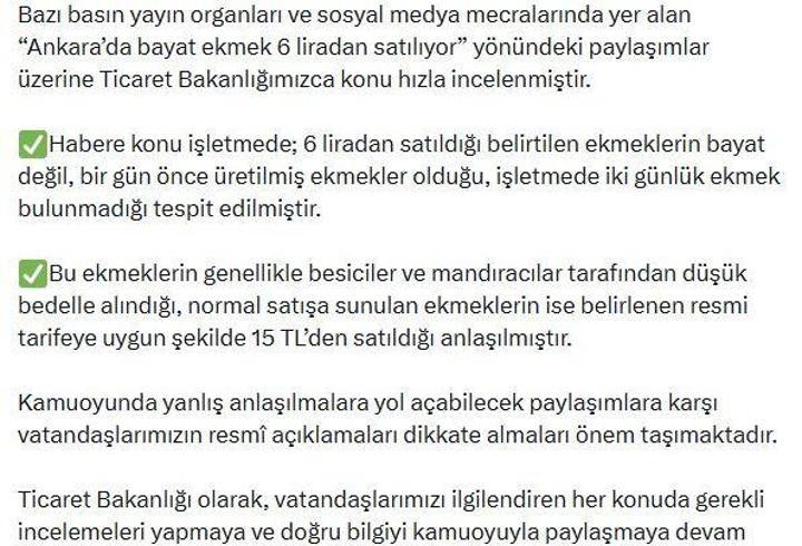Bakanlıktan 'Bayat ekmek 6 liradan satılıyor' iddiasına açıklama