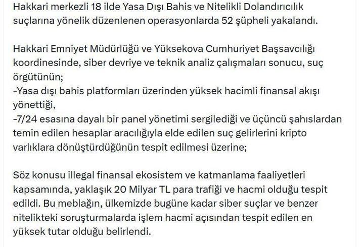 Hakkari merkezli 18 ilde 'yasa dışı bahis' operasyonu: 52 gözaltı