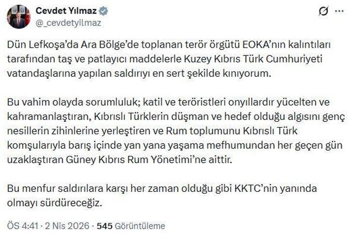 Cevdet Yılmaz: EOKA kalıntılarının saldırısını en sert şekilde kınıyorum