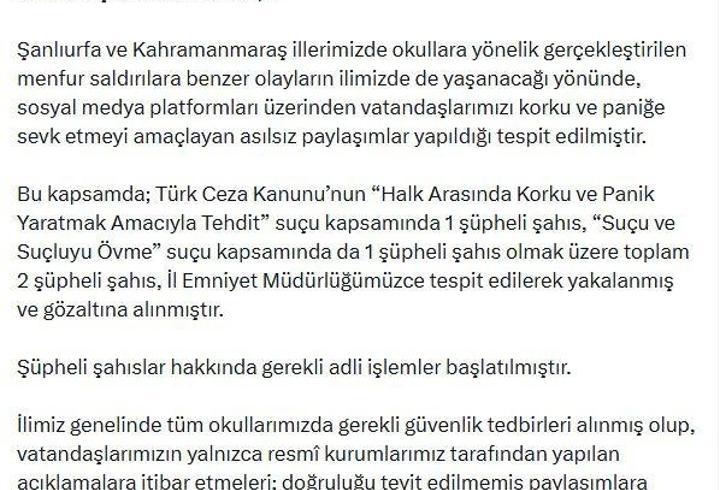 Denizli'de okul saldırılarıyla ilgili yanıltıcı paylaşımlar yapan 2 şüpheli gözaltına alındı