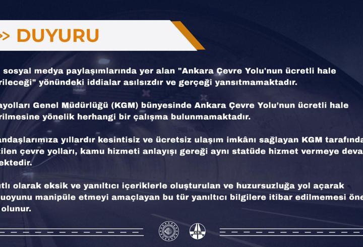 KGM, 'Ankara Çevre Yolu'nun ücretli hale getirileceği' iddialarının asılsız olduğunu duyurdu