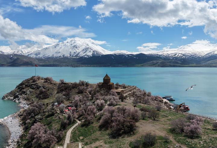 Badem ağaçlarının çiçekleriyle güzelleşen Akdamar Adası'nda turist yoğunluğu