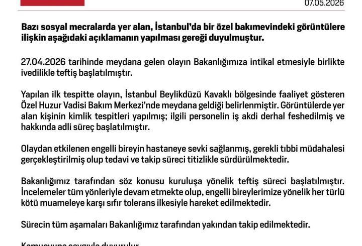 Bakanlık: Bakımevinde engelli bireye şiddet uygulayan personelin iş akdi feshedildi