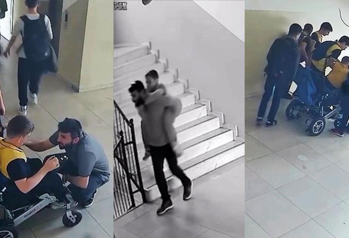 Asansör bozuk, insanlık sağlam! Bedensel engelli öğrencisini sırtında taşıdı