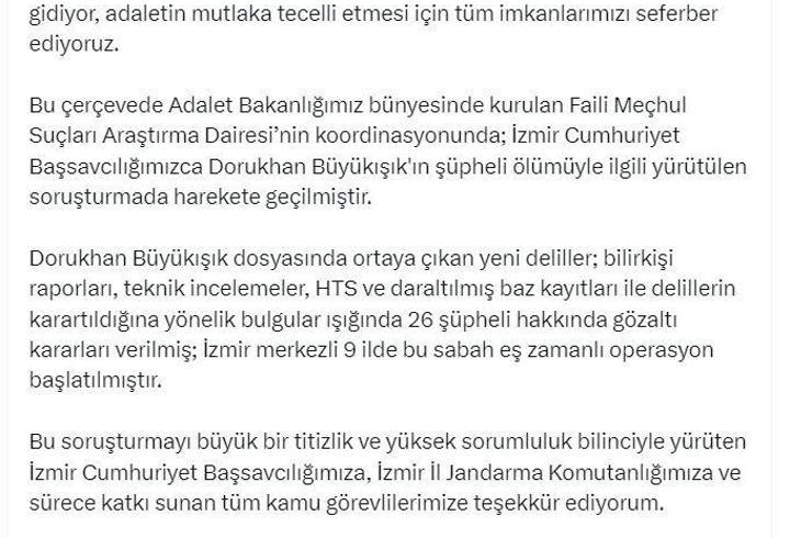 ‘Dorukhan Büyükışık' soruşturmasında İzmir merkezli operasyon: 26 kişiye gözaltı kararı