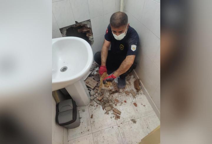 İki bina arasında sıkışan kedi kurtarıldı