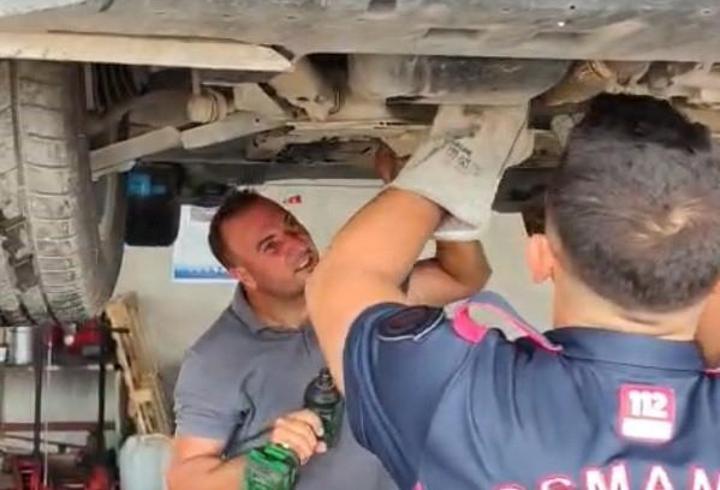Otomobilin motor bölümüne sıkışan yavru kedi kurtarıldı