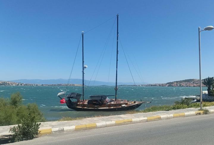 Ayvalık'ta kuvvetli rüzgar; yelkenli tekne kıyıya vurdu