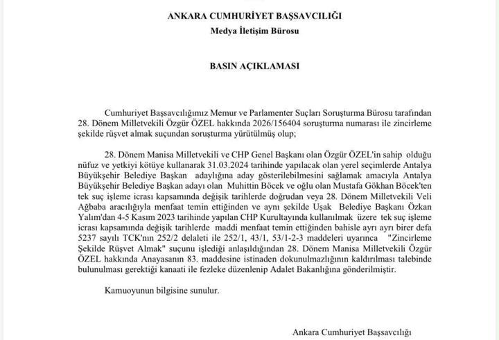 Özgür Özel'in dokunulmazlığının kaldırılması için hazırlanan fezleke Adalet Bakanlığı’na gönderildi