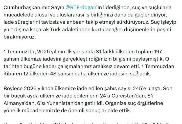 Bakan Gürlek: 2026 yılında ülkemize iade edilen şahıs sayısı 245'e ulaştı
