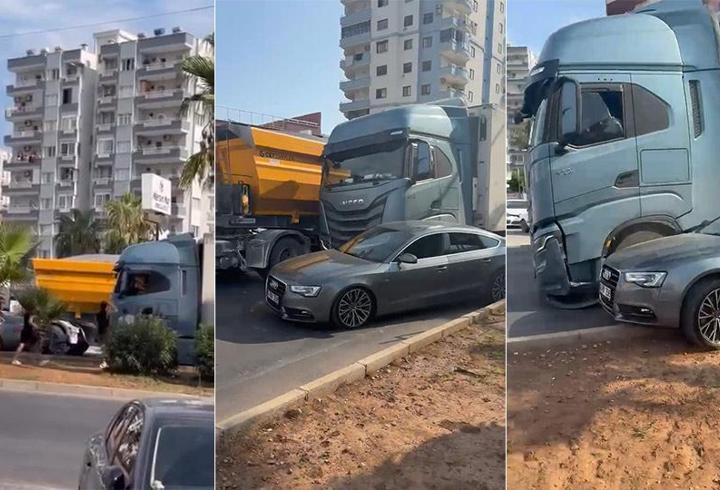 Mersin'de trafikte taşlı kavga: TIR otomobile çarpıp böyle kaçtı