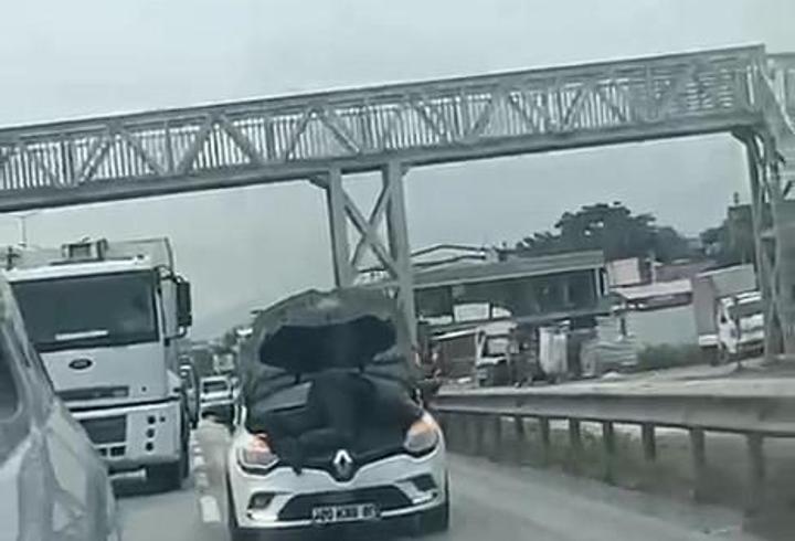 Otomobilin motorunun üzerinde seyahat etti; o anlar kamerada