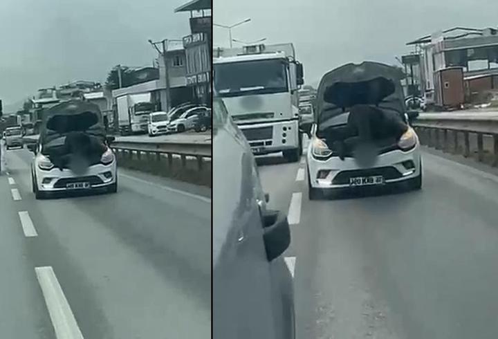 Şaşkına çeviren görüntü! Seyir halindeki aracın kaputunda tamir