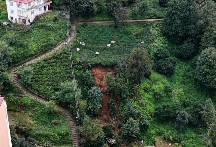 Rize'de heyelanlı bölgede çay hasadı