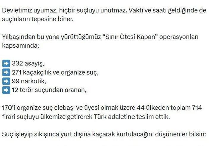 Bakan Çiftçi: 'Sınır Ötesi Kapan' operasyonlarında 714 firari suçlu yakalandı