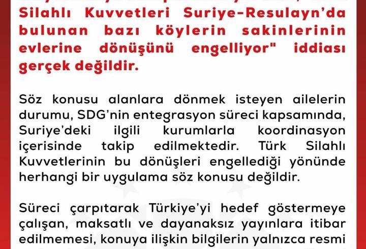 DMM'den TSK'nın Resulayn'da dönüşleri engellediği iddiasına yalanlama