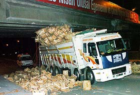 Elma kasası yüklü kamyon köprüye sıkıştı