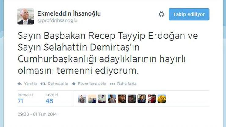 Ekmeleddin İhsanoğlundan Erdoğan ve Demirtaşa mesaj