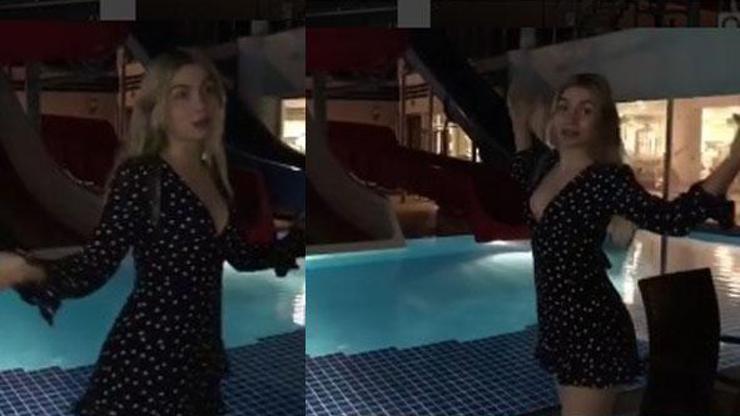 Aleyna Tilki kıyafetleriyle havuza atladı