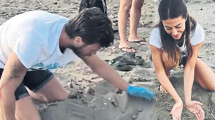 Kıvanç Tatlıtuğ ve Başak Dizer 64 yavru kaplumbağayı kurtardı