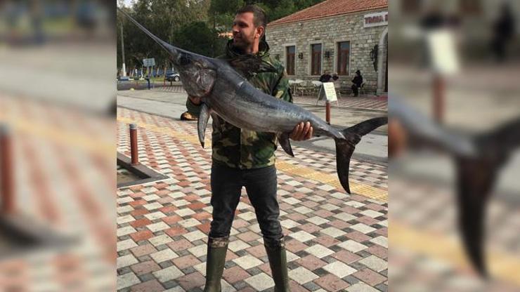 İzmir Yeni Foçada oltayla 42 kiloluk kılıç balığı yakaladılar