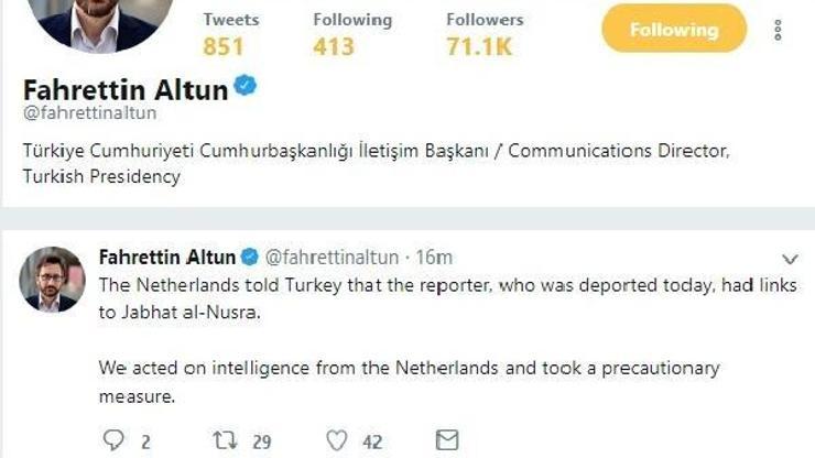 Fahrettin Altun: Hollanda, vatandaşı gazetecinin El Nusra bağlantısı olduğunu söyledi