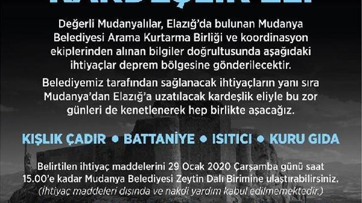Mudanya’dan Elazığ’a kardeşlik eli