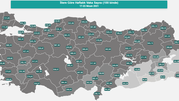 İl il koronavirüs risk haritası yayınlandı (17-23 Nisan 2021) Haftalık vaka sayısına göre en yüksek riskli ve en düşük riskli iller