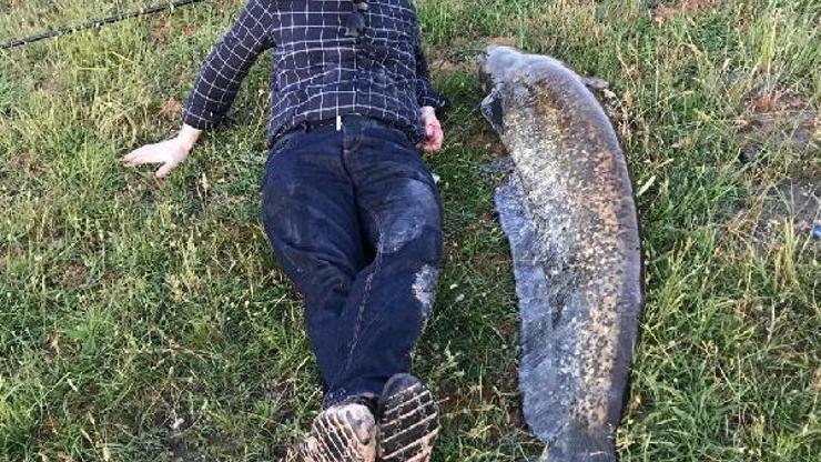Gölette oltayla dev yayın balığı yakaladı