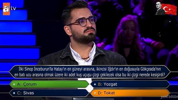 İlki Sinop İnceburun... Eyüp İşler, Kim Milyoner Olmak İster 5 milyonluk soruyu açtırdı Kuş uçuşu çizgi nerede kesişir Sinop Hatay, Iğdır, Gökçeada