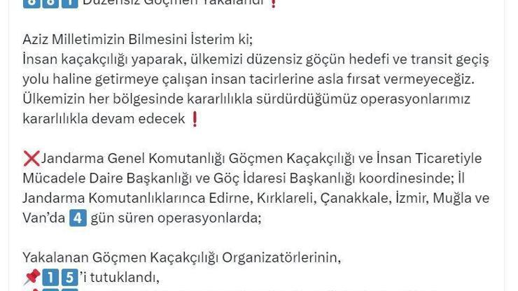 6 ilde operasyon; 44 göçmen kaçakçısı ve 881 düzensiz göçmen yakalandı
