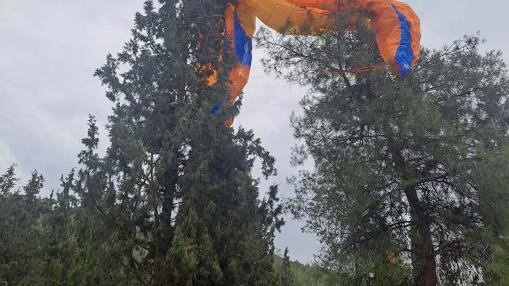 Paraşütü ağaca takıldı, itfaiye kurtardı
