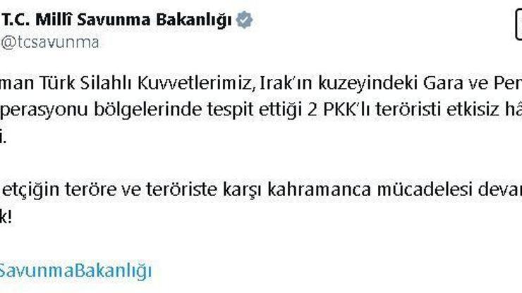 MSB: Irakın kuzeyinde 2 terörist etkisiz hale getirildi