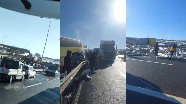 Son Dakika... Kuzey Marmara Otoyolunda trafiği kilitleyen kaza: TIR otobüse çarptı