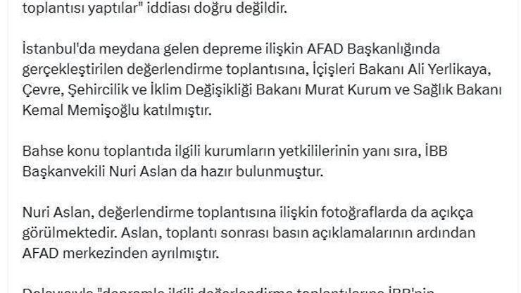DMM: AFADda İBBsiz deprem toplantısı yaptılar iddiası doğru değildir