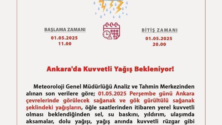 Ankara Valiliğinden 1 Mayıs için sağanak uyarısı