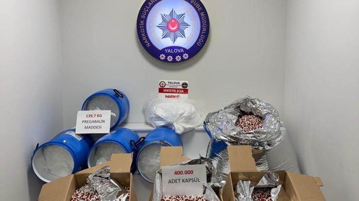 Yalovada 140 kilo pregabalin maddesi ile doluma hazır 400 bin sentetik ecza kapsülü ele geçirildi; 3 tutuklama