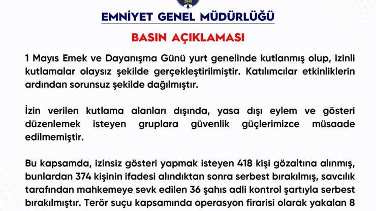 1 Mayısta Gözaltına Alınanların Sayısı Açıklandı