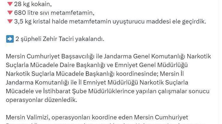 Mersinde 28 kilo kokain, 680 litre sıvı metamfetamin ele geçirildi