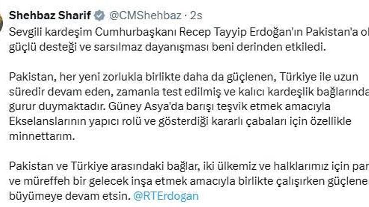 Pakistan Başbakanı Şerif: Türkiye ile devam eden kardeşlik bağlarından gurur duymaktayız